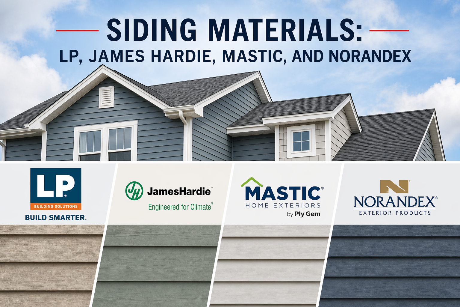 Banner showcasing siding materials and brands, including LP, James Hardie, Mastic, and Norandex, with images of different siding textures and a house with blue and gray siding.