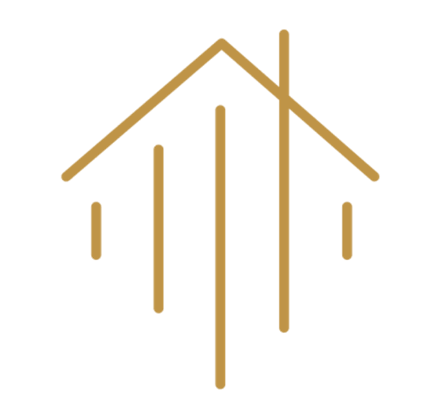 Stylized house icon with a triangle roof, vertical lines representing walls, and a wide base, all in gold on a black background.