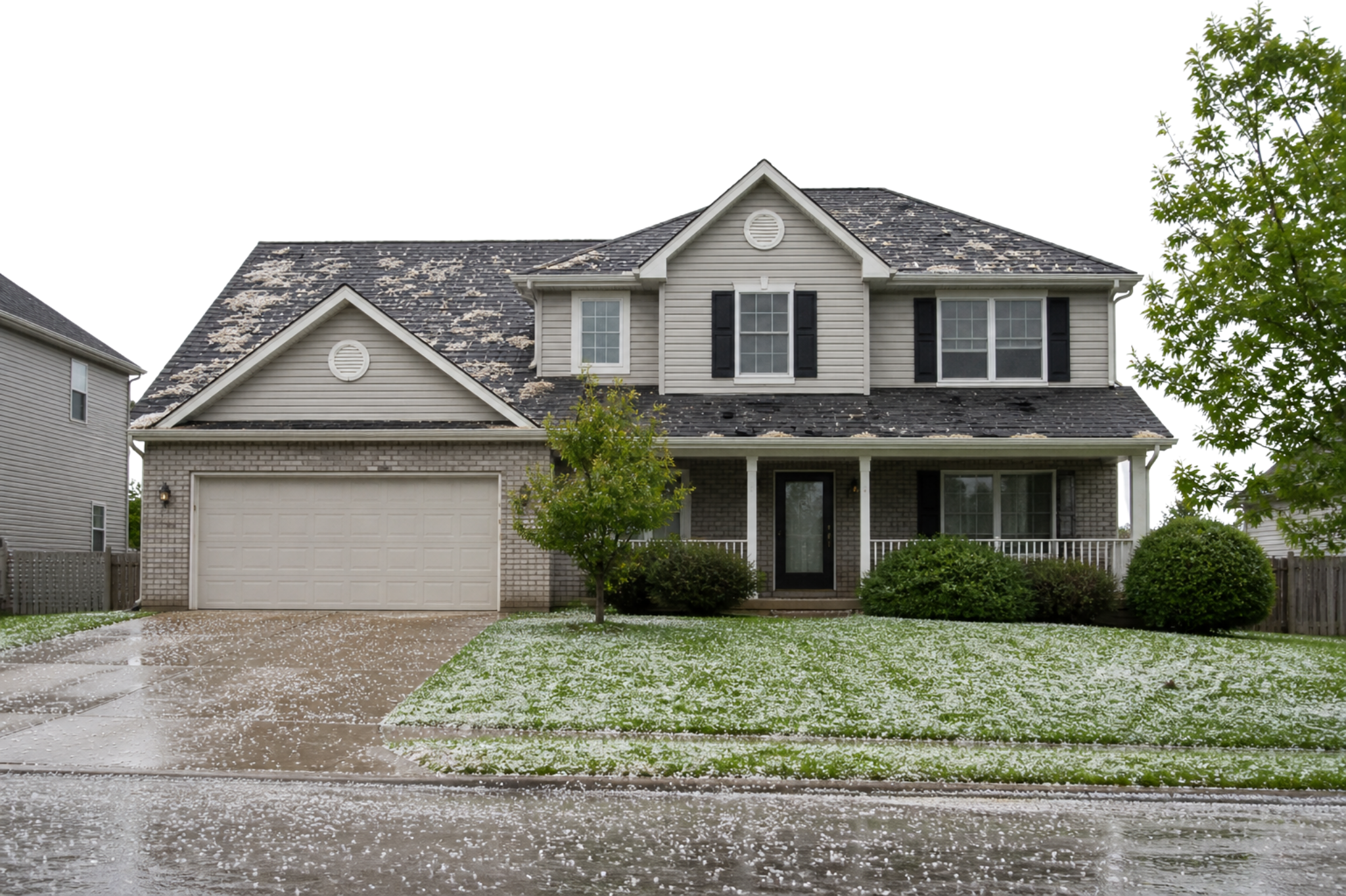 A two-story suburban house with a stone and vinyl siding exterior, black shutters, and a garage door, surrounded by trees and bushes, with a driveway and a lawn scattered with fallen petals or blossoms.