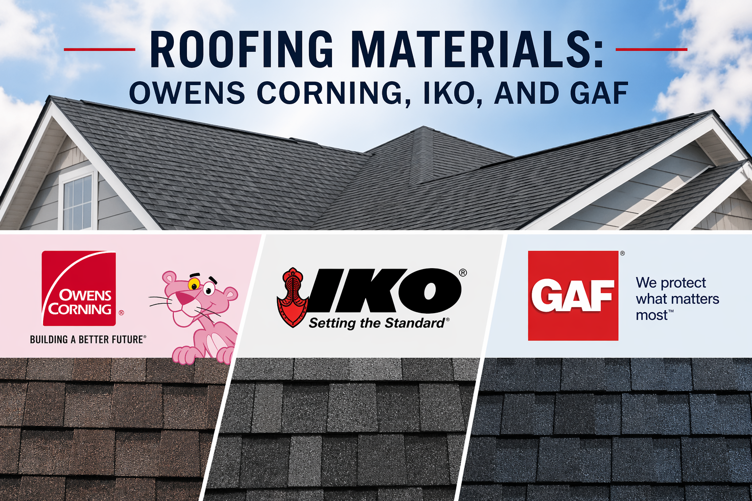 A promotional image showcasing three roofing materials from Owens Corning, IKO, and GAF, with a house roof in the background and company logos at the bottom.