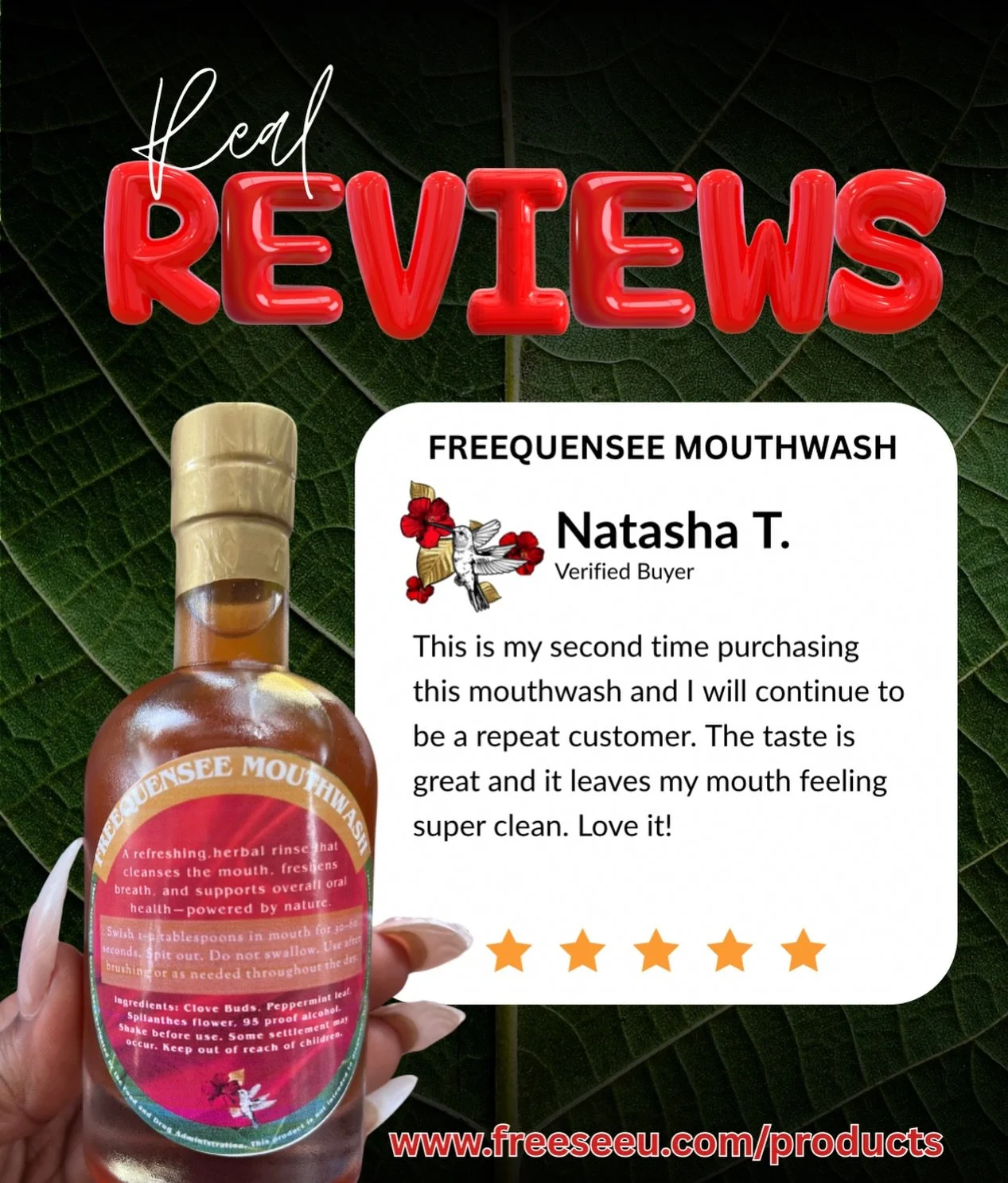 The Freequensee mouthwash supports oral hygiene with herbs that fight bad mouth odor, gum and tooth irritation, and cavities. 

The mucilage from the peppermint helps to pull bacteria from even the tightest spaces in between tooth and gums, making th