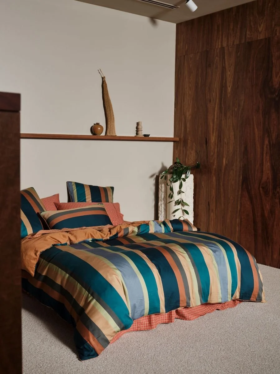 Rugby Stripe Chilli  - Linen House, AW26
Styling: Danielle O’Byrne & Kelly Larkin 
Photography: Lampoluce Photography 