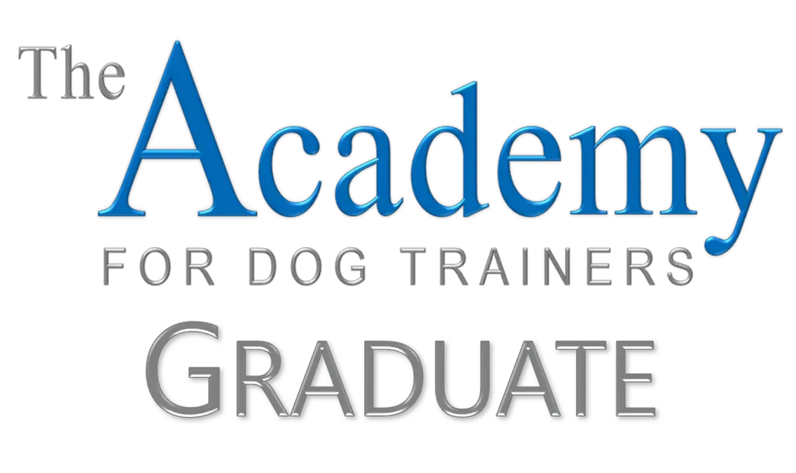 Text reading “The Academy for Dog Trainers Graduate” in varied colours — symbolising Kim’s science‑based, expert training background.