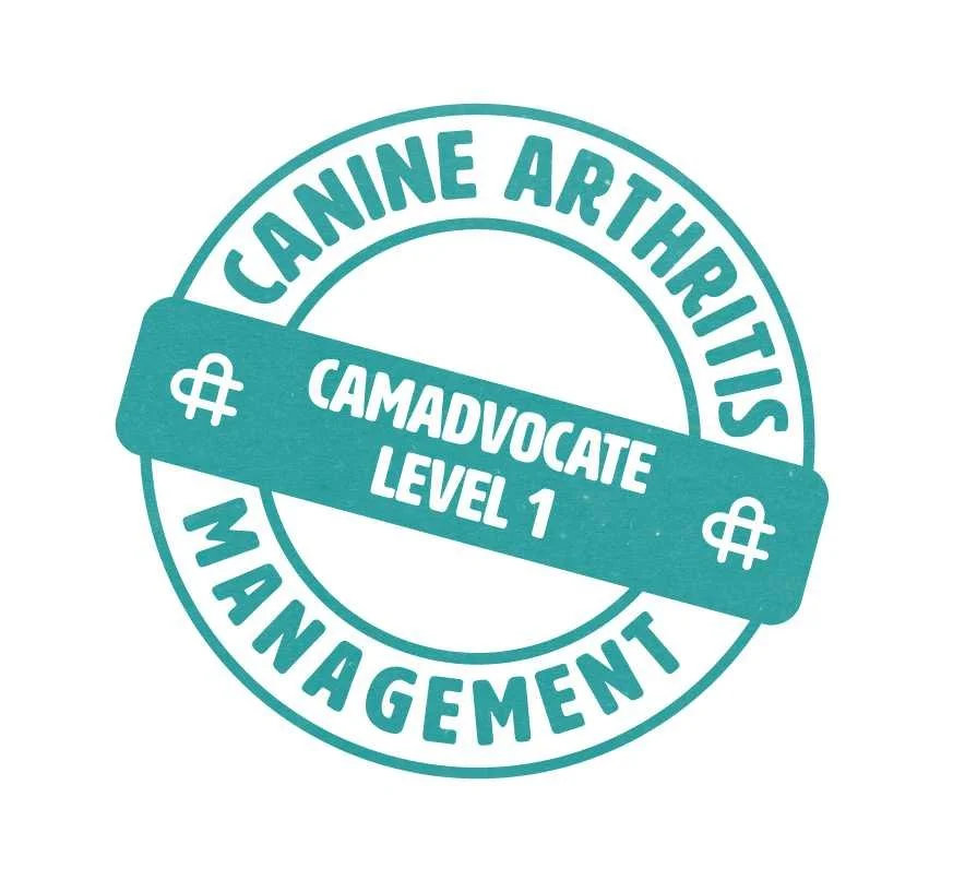 Seal-like badge with the text 'CANINE ARTHRITIS MANAGEMENT' around the border, and 'CAMADVOCATE LEVEL 1' in the center, with dollar sign symbols.
