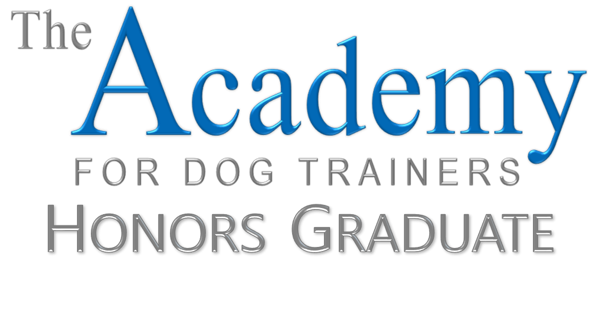 Text reading “The Academy for Dog Trainers Honors Graduate” on a gray background with blue, black, and gray lettering.