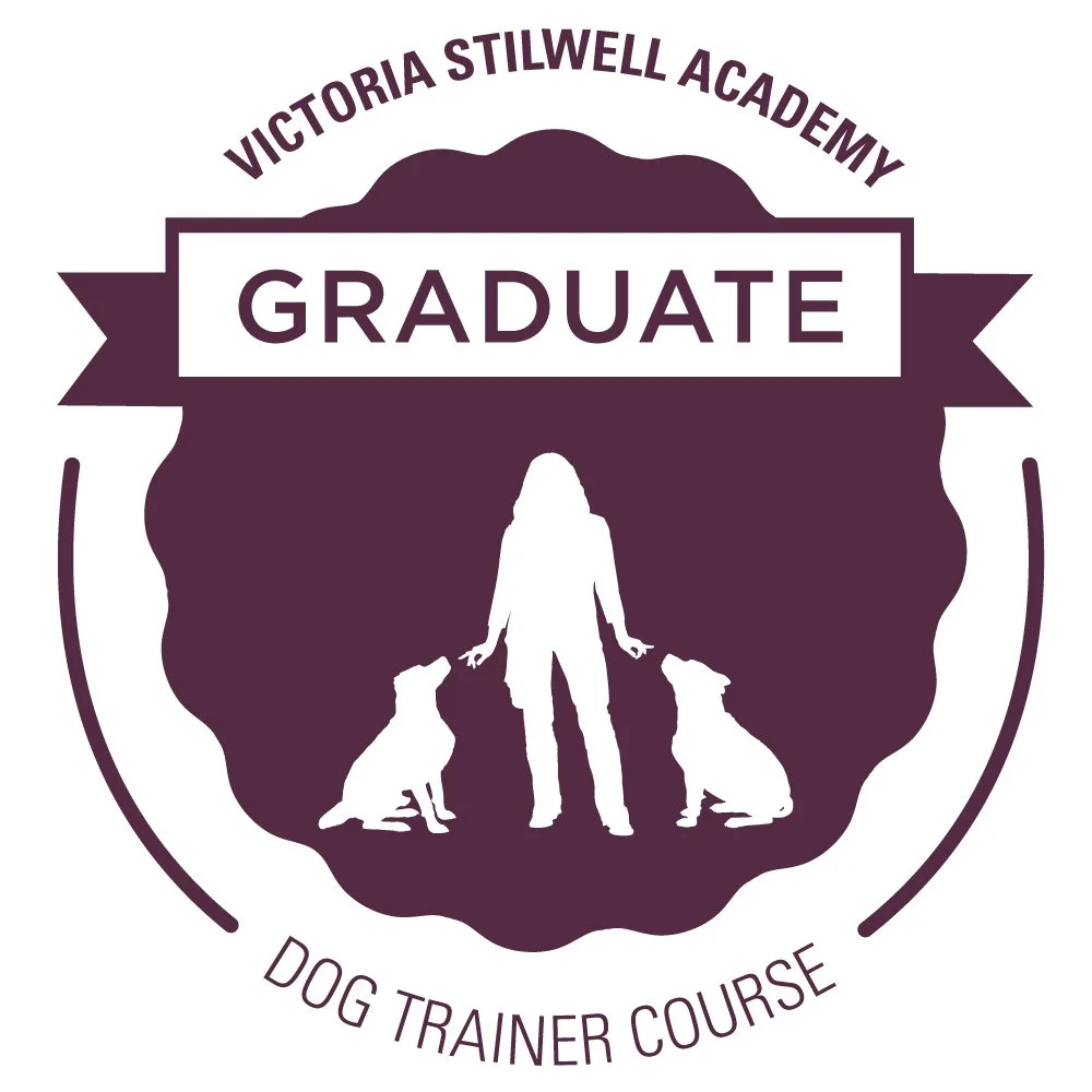 A circular badge reading “Victoria Stilwell Academy Graduate Dog Trainer Course,” with a silhouette of a trainer standing between two seated dogs.