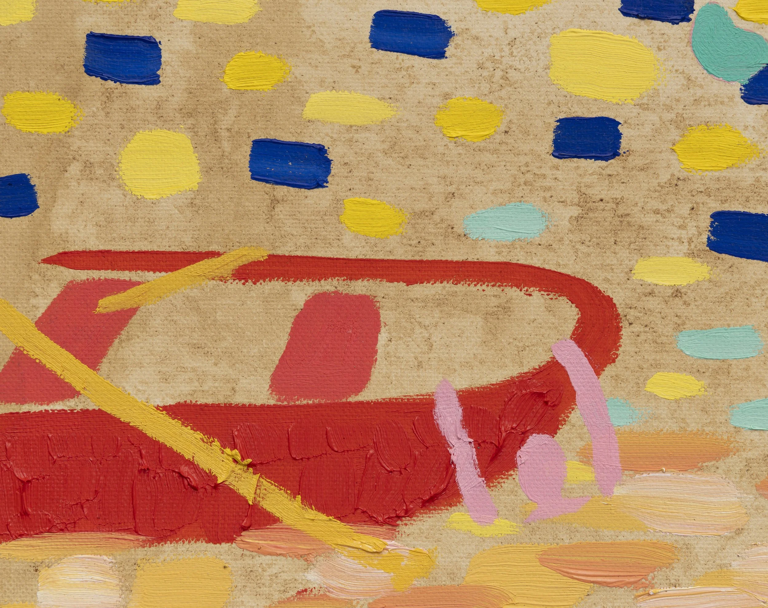 Channatip Chanvipava, Aboard A New Voyage, 2025, detail — a pink figure between the boat and the water