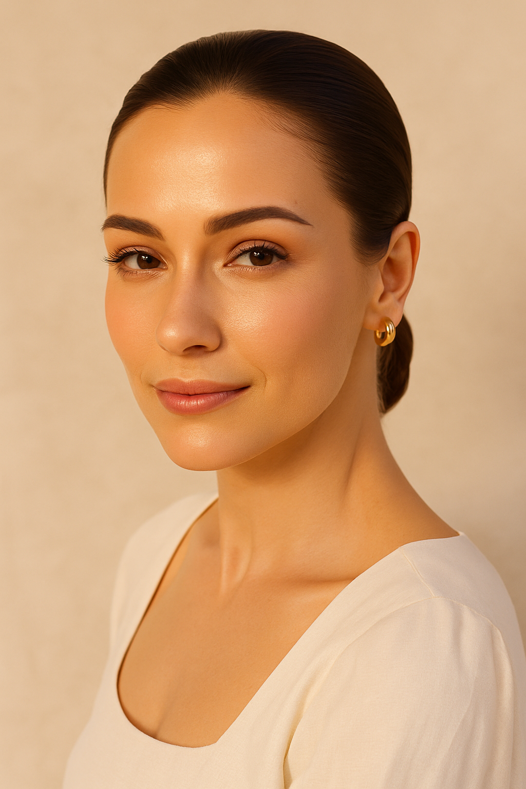 A portrait of a woman with clear skin, brown hair in a low ponytail, and gold hoop earrings, wearing a white top, smiling softly against a neutral background.