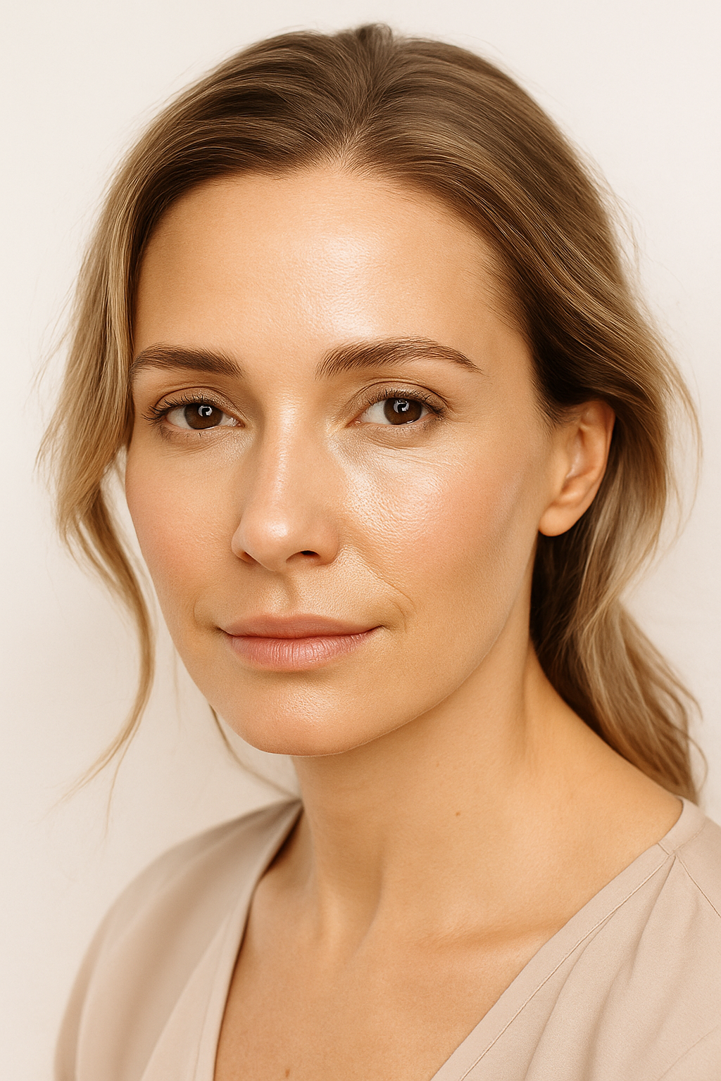 Close-up portrait of a woman with light brown hair and neutral makeup, wearing a beige top, against a plain background.