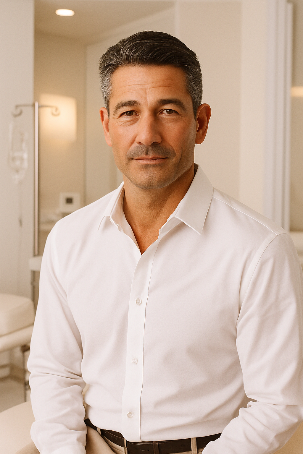 A middle-aged man with dark, neatly styled hair and a subtle smile, wearing a white dress shirt, standing in a well-lit room with a bed and lamp in the background.