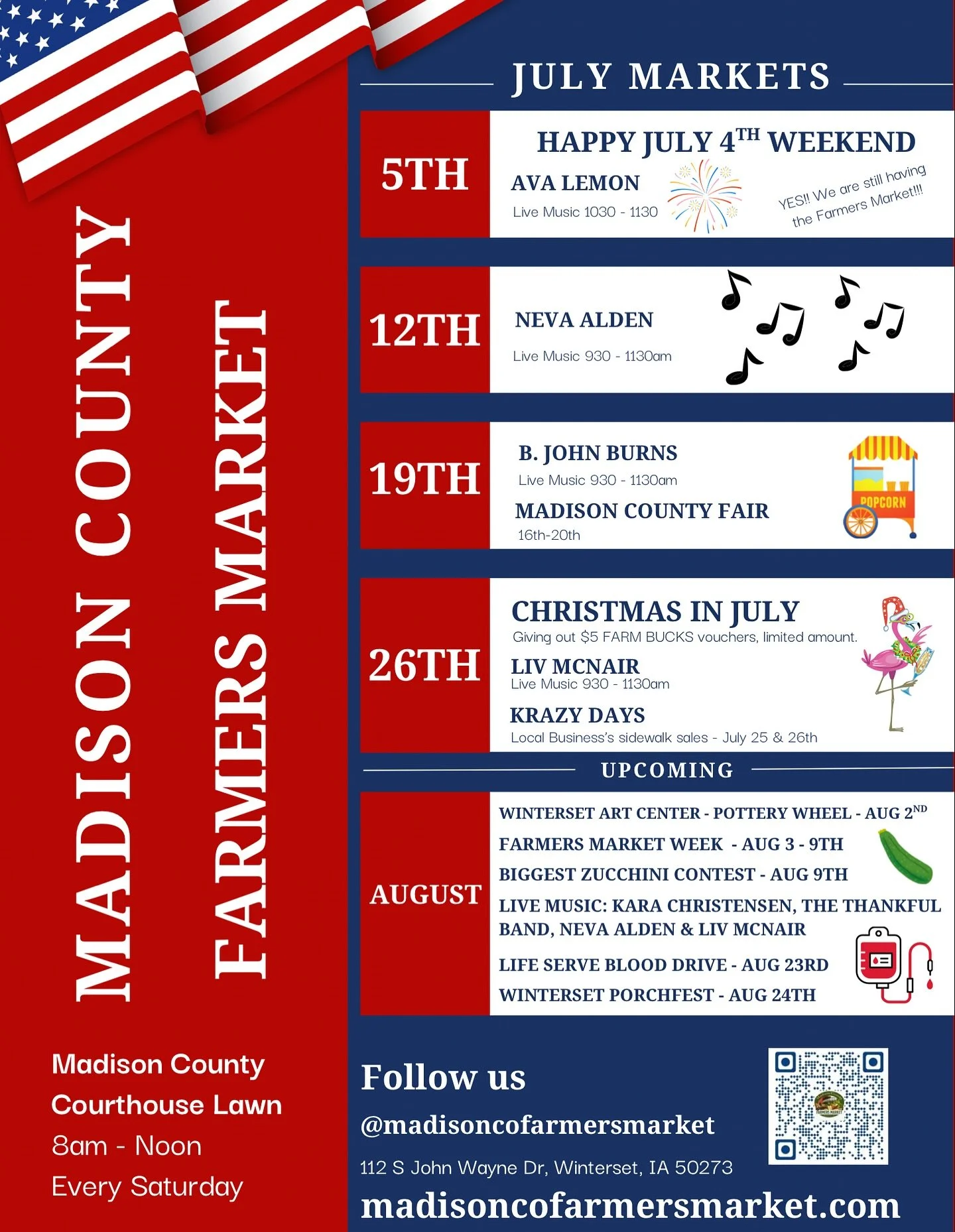 Happy 4th y&rsquo;all! Looks to be a great evening for fireworks, but appears we will have some intermittent rain in the morning. Bring your umbrella!! Ava Lemon will be singing for us from 1030 - 1130 as long as the weather doesn&rsquo;t go crazy! T