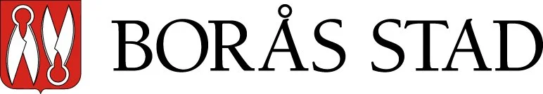 Boråsin kaupungin logo, jossa on punainen tausta ja työvälineiden siluetteja.