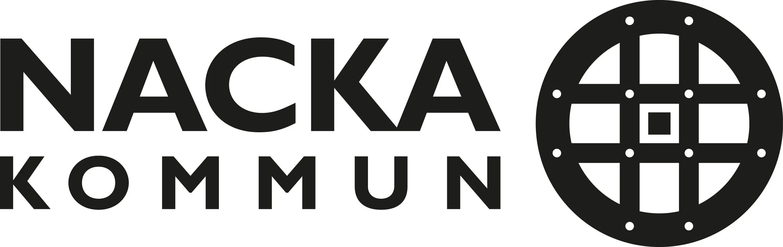 Nacka Kommunin logo, joka koostuu tekstistä "NACKA KOMMUN" ja tyylitellystä maapallosta.