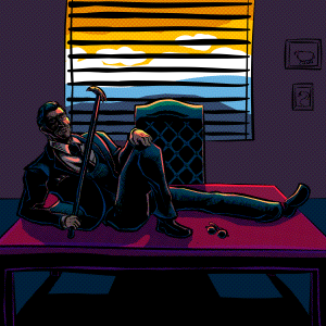 Dickie reclining on Barbara's desk.png