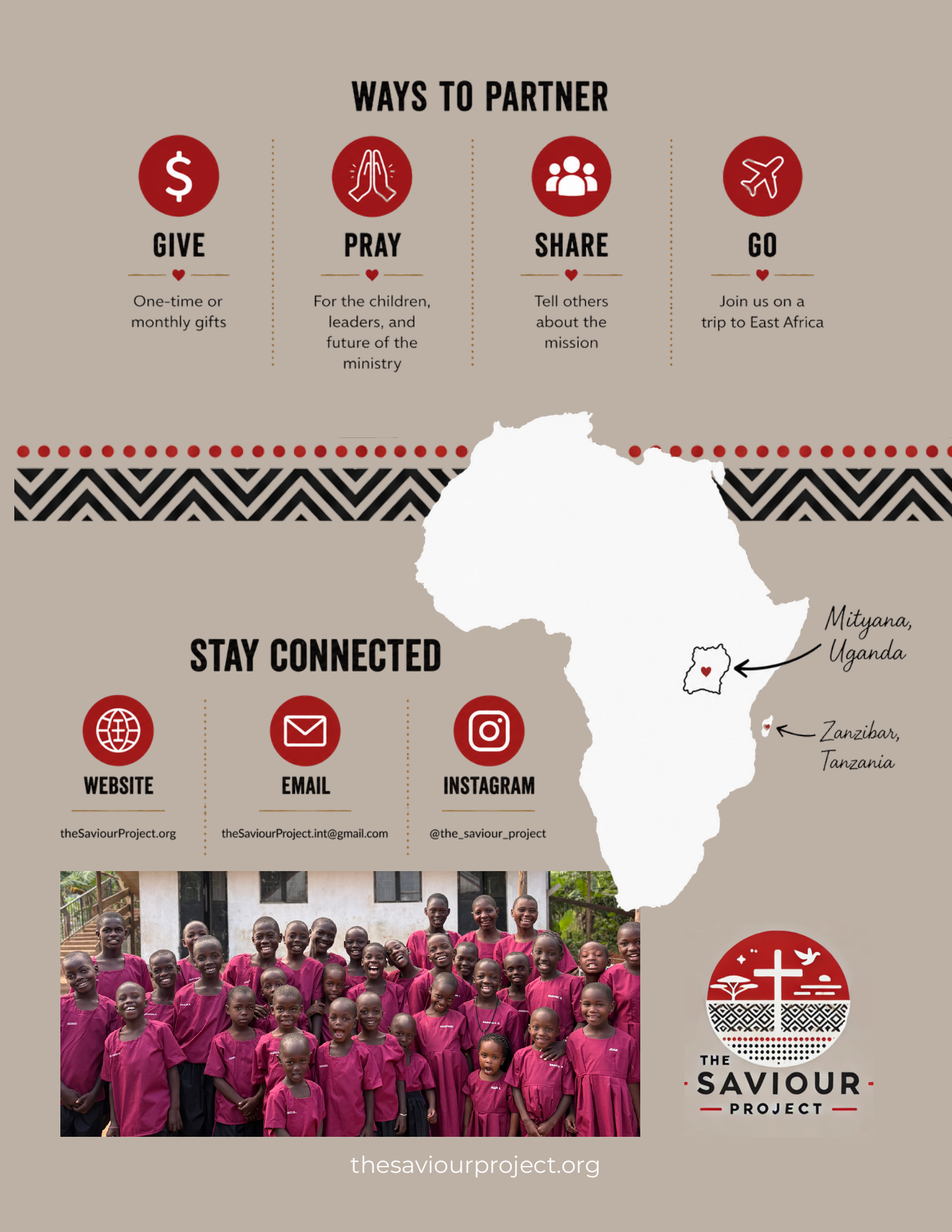 Ways to partner with The Saviour Project through giving, prayer, sharing, and mission trips to East Africa