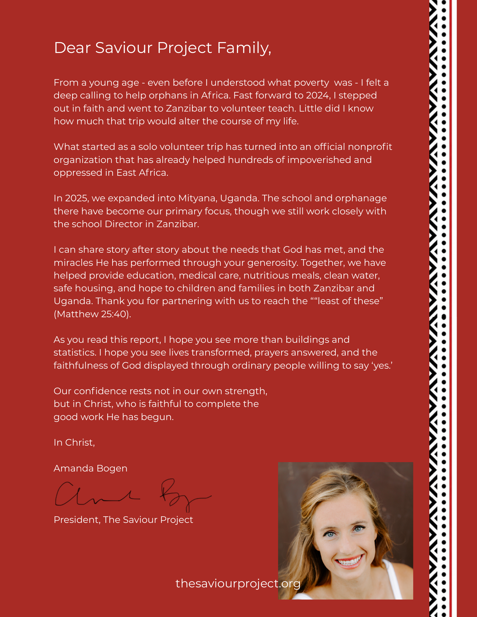 Letter from Amanda Bogen, President of The Saviour Project, reflecting on the nonprofit’s growth and impact