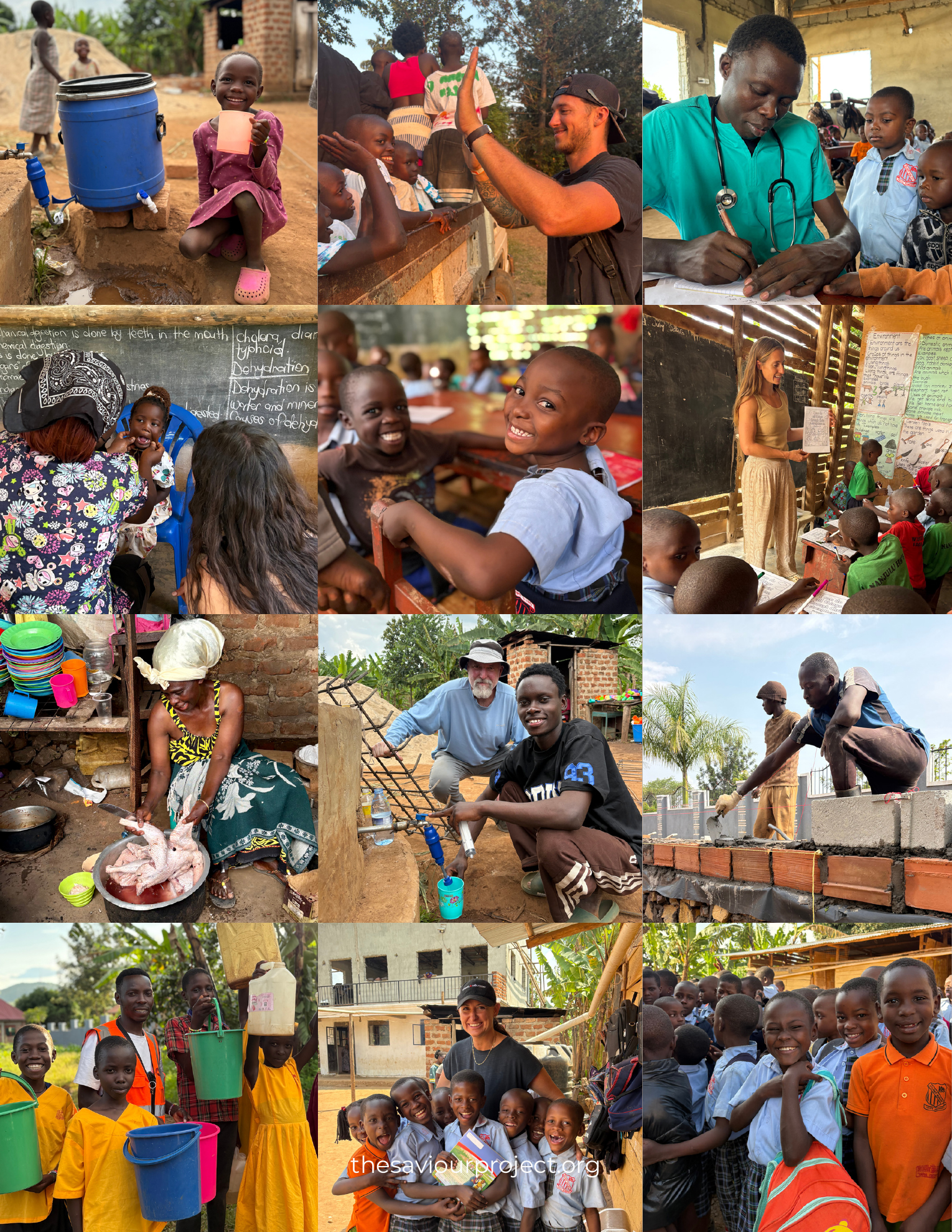 Photos of The Saviour Project’s work in Uganda including clean water, healthcare, education, construction, and community support