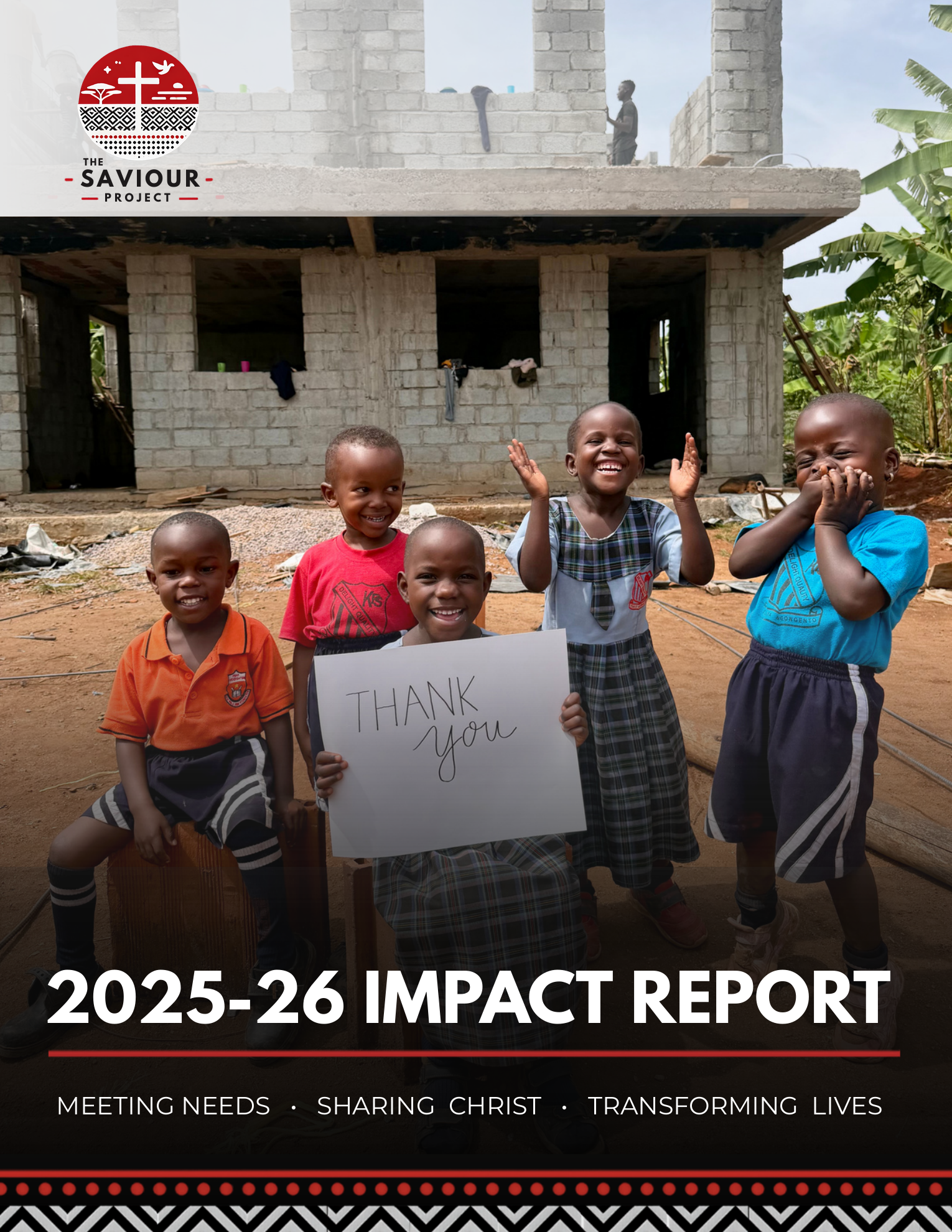 The Saviour Project 2025–26 Impact Report cover featuring children in Mityana, Uganda