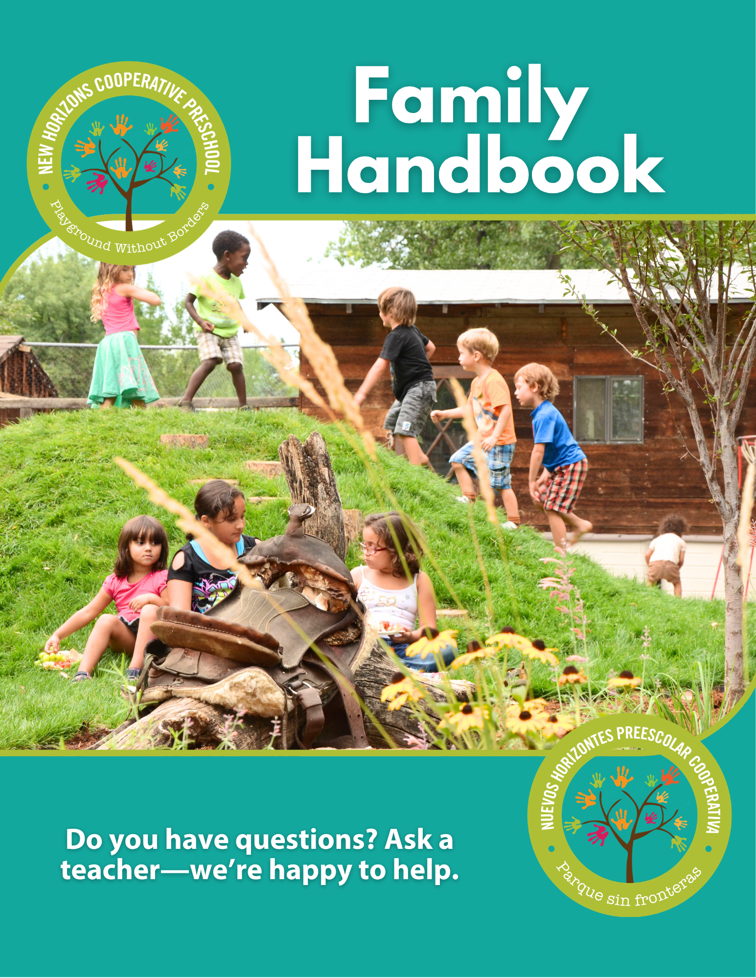 A colorful image with children playing on a grassy hill near a wooden building, with flowers in the foreground and trees in the background. It includes a logo with a tree and handprints and text about a preschool cooperative.