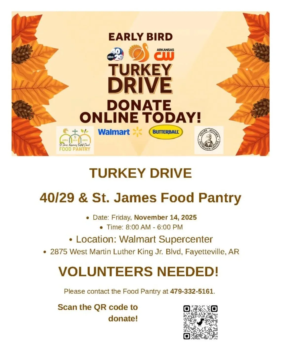 Volunteers needed today! Or scan the QR code to donate.