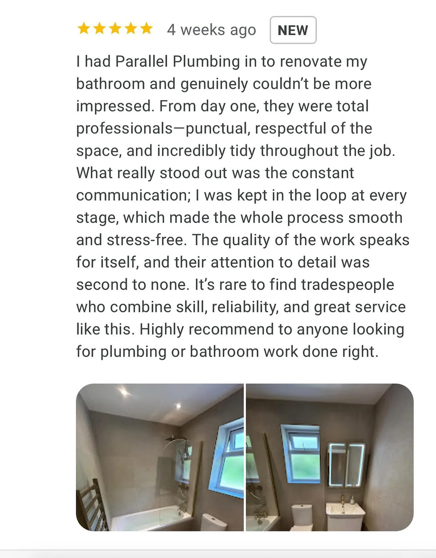 Thank you Ollie for your fantastic review ! 🤩

Have we recently installed a bathroom, fitted a boiler or helped with a plumbing emergency at your home or business? Let us know how we did! We&rsquo;d love your feedback. 🛁

Your reviews not only help