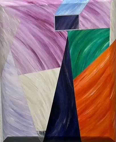 Abstract colorful painting with geometric shapes, including a rectangle, triangle, and curved strokes in purple, green, orange, cream, and black.