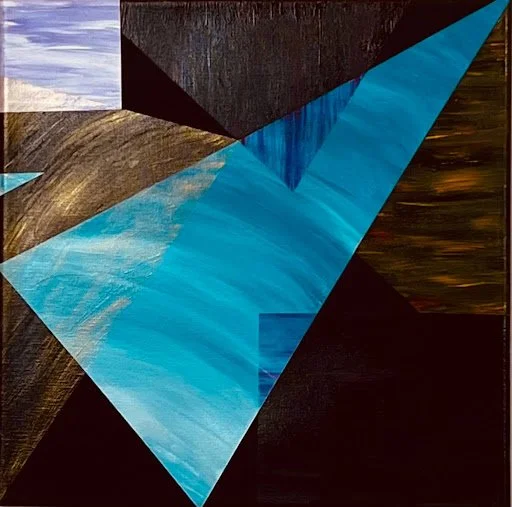 Abstract geometric painting with black, blue, brown, and light blue shapes and textures.