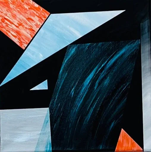 Abstract geometric painting with black, blue, light gray, and red shapes and brush strokes.