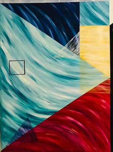Colorful abstract mural with geometric shapes and flowing patterns in blue, yellow, red, and black.