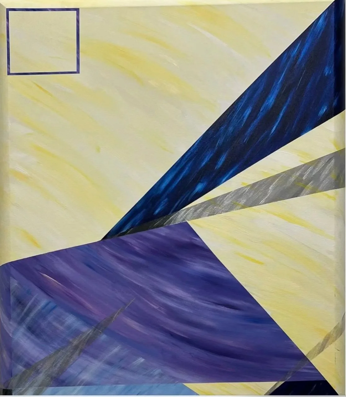 Abstract geometric painting with large purple, blue, gray, and yellow shapes intersecting on a canvas.