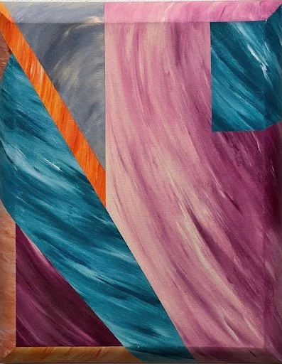 Abstract painting with swirls of blue and purple, orange diagonal line, and a small blue square.