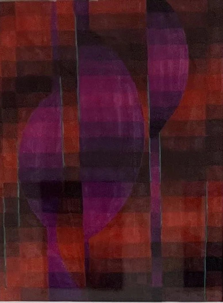 Close-up of a painting or mural with abstract geometric shapes in red, purple, and dark tones.