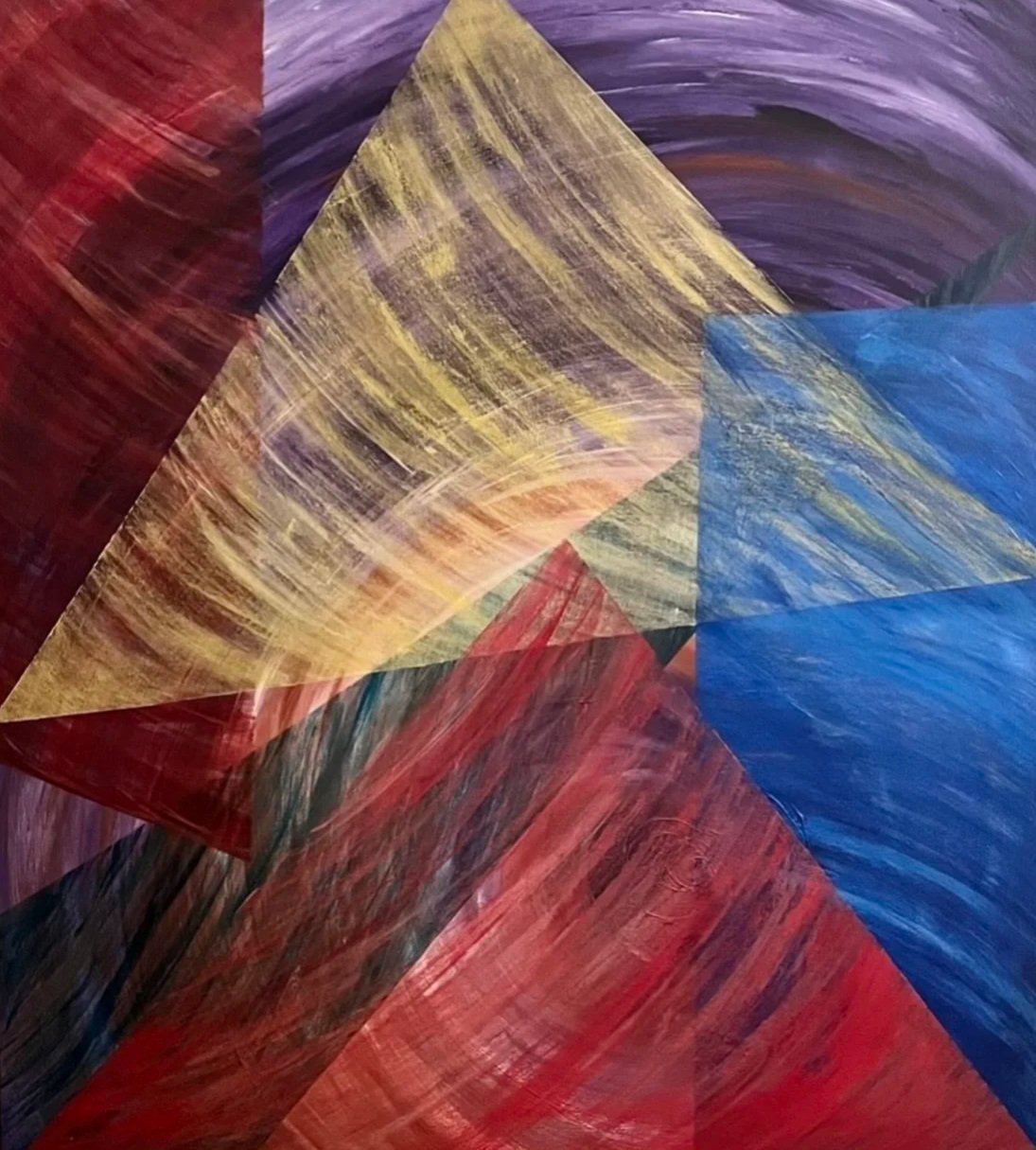 Colorful abstract painting with overlapping geometric shapes in red, yellow, blue, and purple hues.