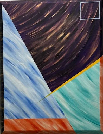 Abstract painting with swirling dark purple and brown strokes in the upper part, a large diagonal blue and white section on the left, a green section with a yellow border on the right, and a small orange section at the bottom.
