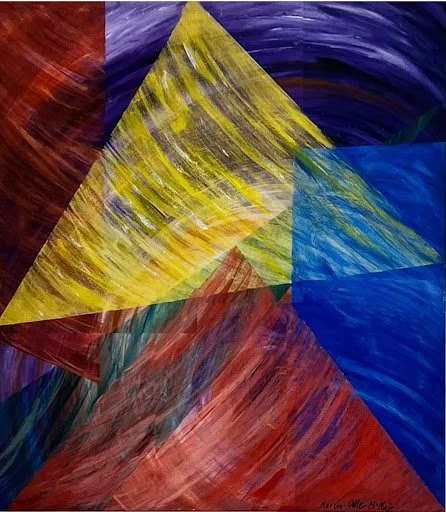 Abstract colorful geometric pattern with various shades of yellow, red, blue, purple, and green in a painted style.