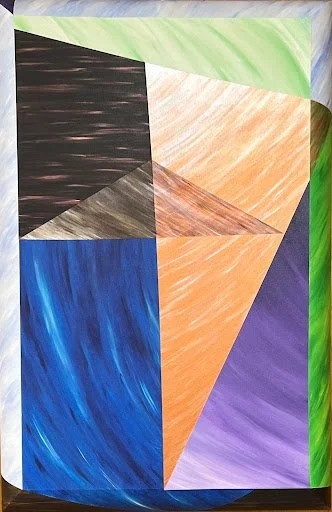Abstract colorful geometric shapes including green, black, beige, blue, orange, purple, and brown patterns