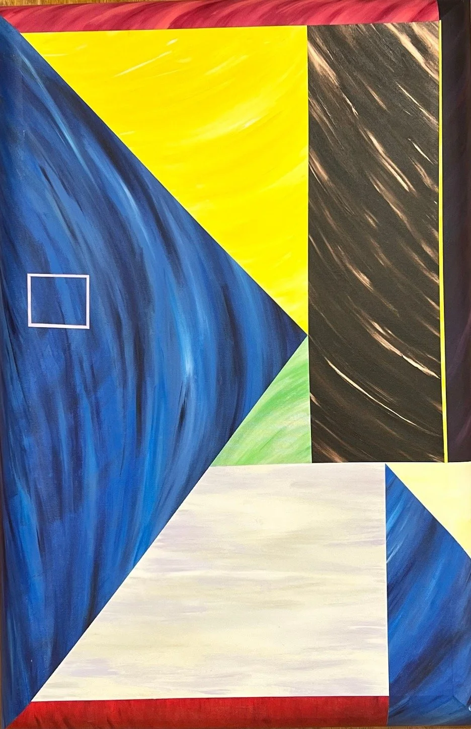 Abstract geometric painting with large blue, yellow, black, green, white, and red sections and swirling brushstrokes.