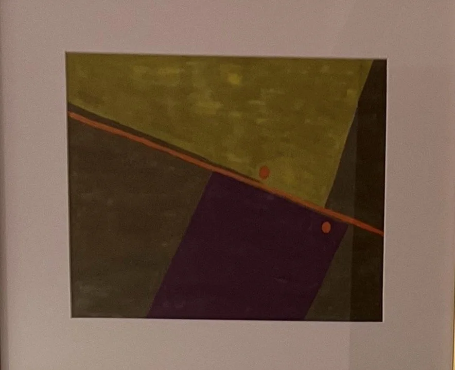 Abstract geometric artwork featuring overlapping shapes, a diagonal orange line, and two small orange circles on a textured background.