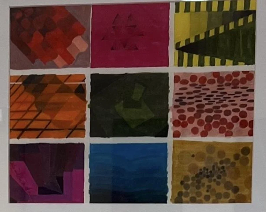 A mosaic of nine abstract paintings in a grid, each with different colors and patterns, including geometric shapes, dots, and lines.
