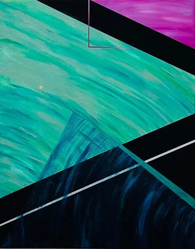 Abstract geometric mural with overlapping shapes in pink, teal, green, black, and blue colors.