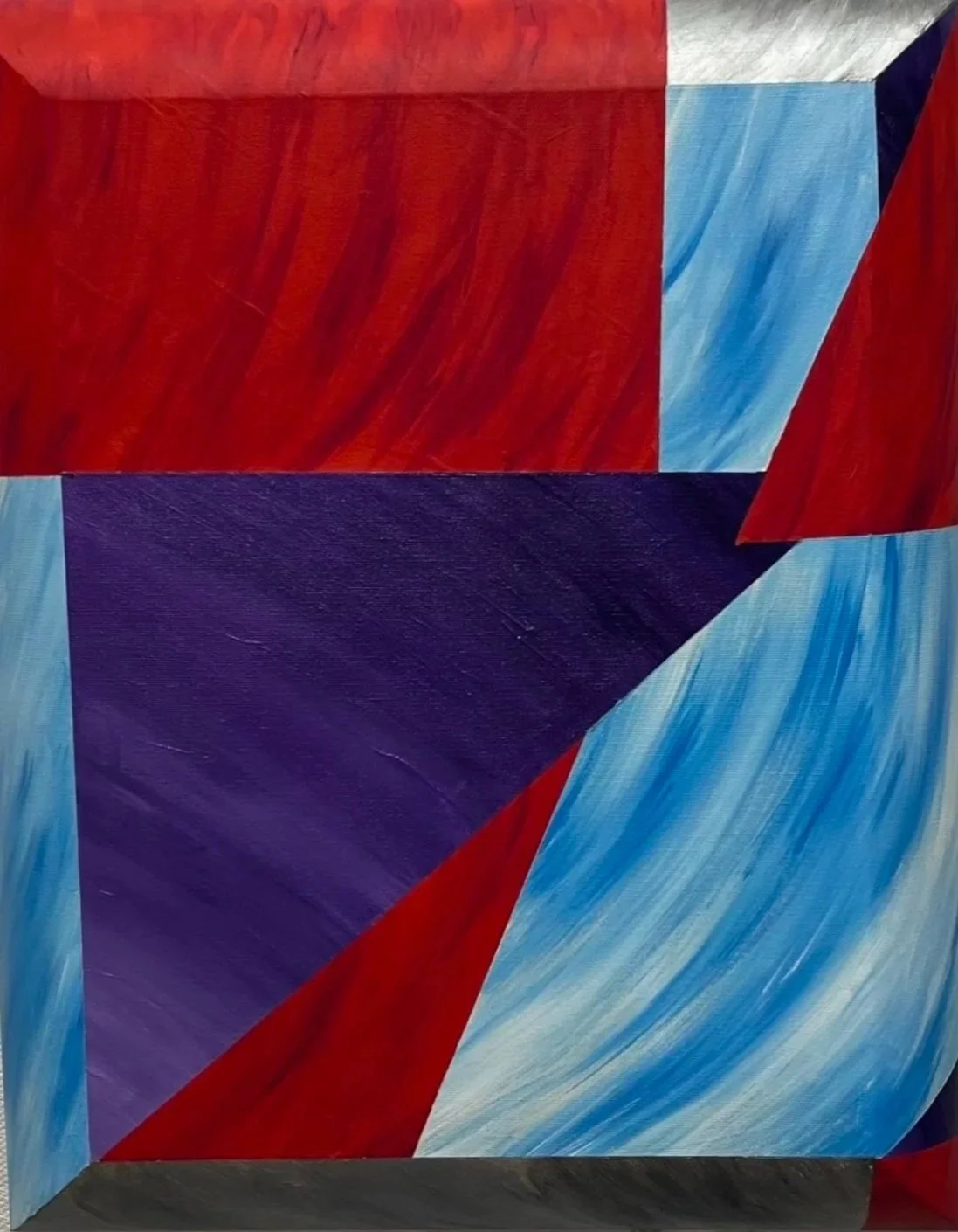 Abstract painting with geometric shapes in red, purple, and light blue colors.