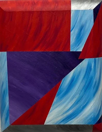 Abstract geometric painting with red, blue, purple, and black shapes and patterns