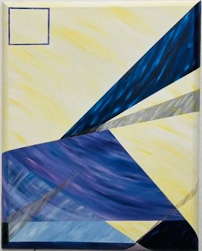Abstract painting with blue, purple, gray, and yellow geometric shapes and lines.