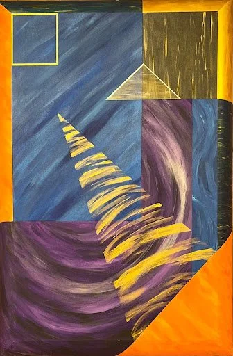 Abstract painted mural featuring geometric shapes, swirling purple and yellow patterns, and contrasting blue and black backgrounds.
