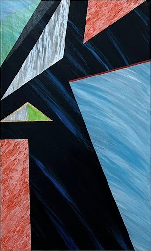 Abstract geometric painting with various colored triangles and shapes in blue, red, green, black, and white.