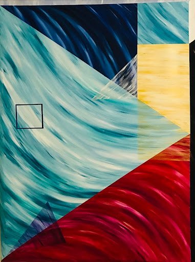 Abstract mural with geometric shapes and bold colors including blue, light blue, black, yellow, red, and purple.