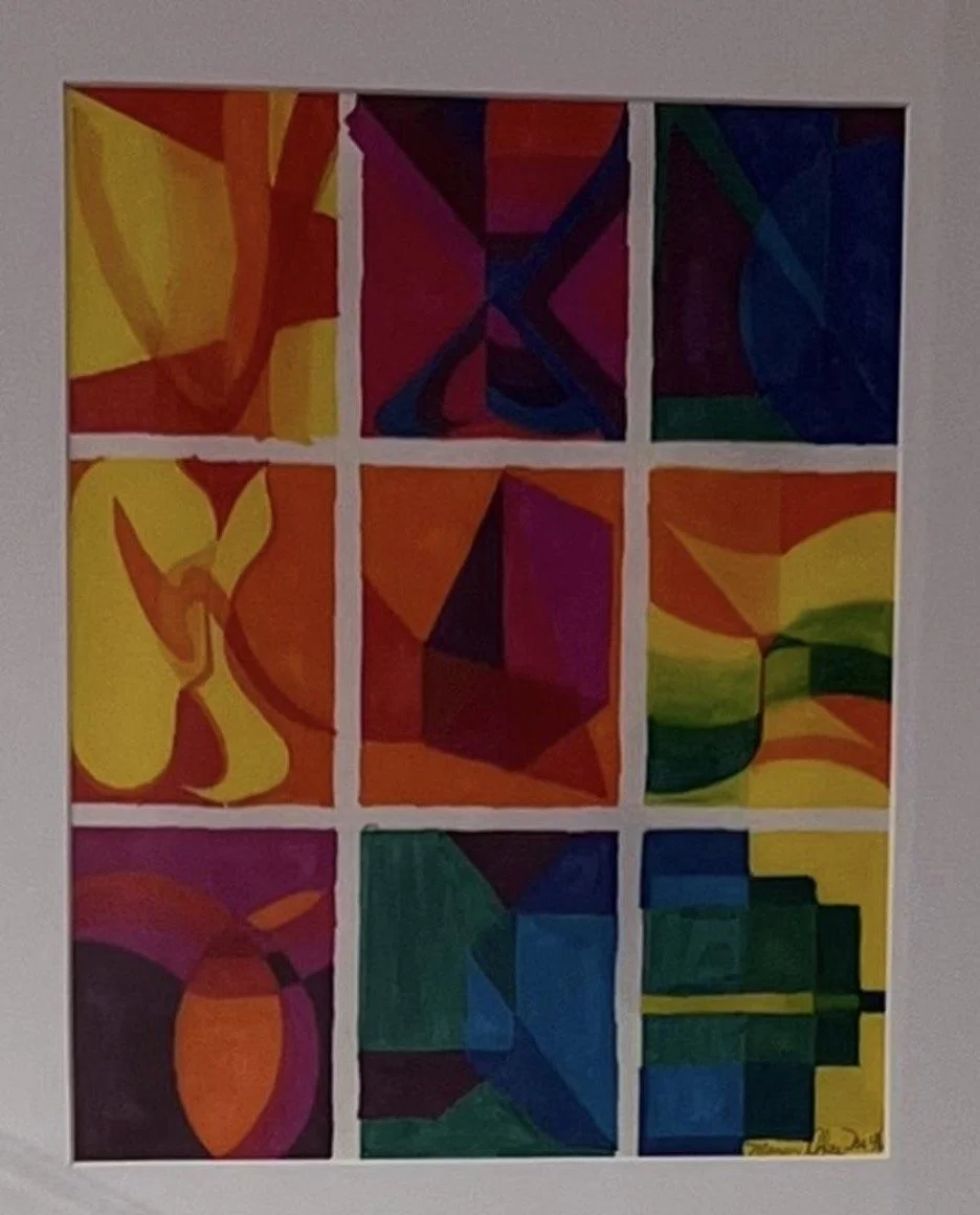 A colorful grid of nine abstract paintings with vibrant geometric shapes and patterns.