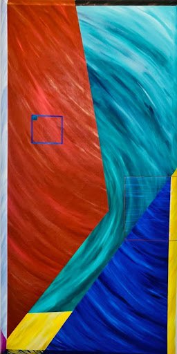 Abstract painting with bold strokes of red, blue, teal, yellow, and purple colors.