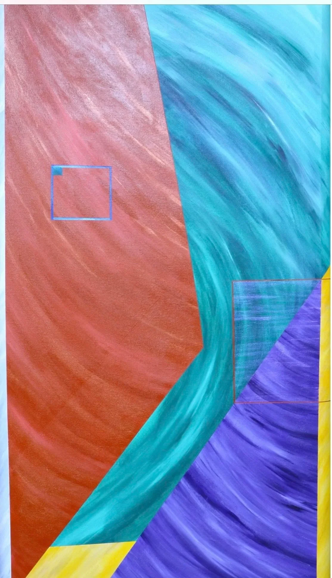 Abstract geometric artwork with swirling colors of red, blue, purple, yellow, and turquoise.
