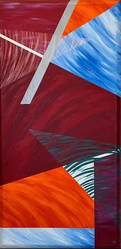 Abstract painting with bold geometric shapes in red, orange, blue, gray, and black.